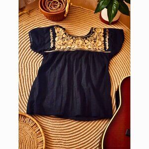 Boho Dark Blue Top with Cream Floral Embroidery – Size Large (G)